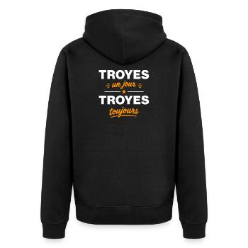 Troyes: un jour, toujours - Veste à capuche bio Premium Unisexe - noir - Dos - Nico (187cm)
