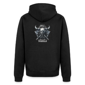 Gebaut Anderer Vater | Valhalla-Bande | Gotik - Unisex Premium Bio Zip Hoodie - Schwarz - Hinten - Nico (187cm)
