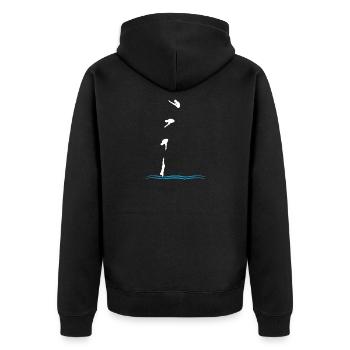 Tauchende Silhouette über Meereswellen - Unisex Premium Bio Zip Hoodie - Schwarz - Hinten - Nico (187cm)
