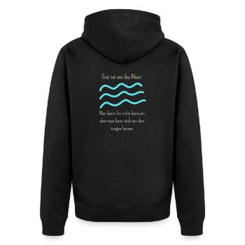Gott ist wie das Meer, für dunkle Produkte - Unisex Premium Bio Zip Hoodie - Schwarz - Hinten - Nico (187cm)