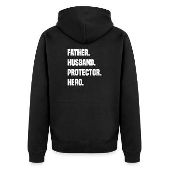 Vater, Ehemann, Beschützer, Heldentypografie - Unisex Premium Bio Zip Hoodie - Schwarz - Hinten - Nico (187cm)