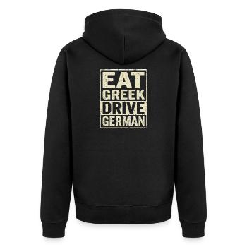 Eat Greek Drive English - Unisex Premium Organic Zip Hoodie - black - Back - Nico (187cm)