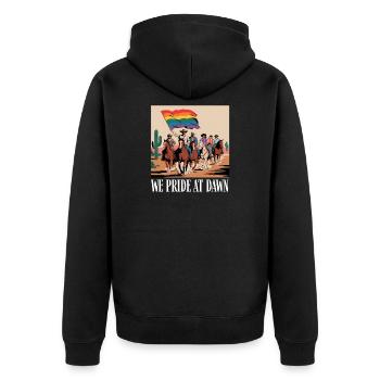 Pride at Dawn: Western Flag Ride - Unisex Premium Bio Zip Hoodie - Schwarz - Hinten - Nico (187cm)
