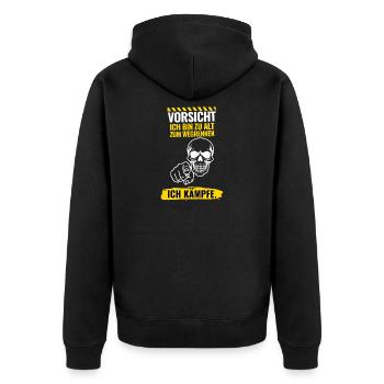 Vorsicht Ich bin zu alt zum Wegrennen - Unisex Premium Bio Zip Hoodie - Schwarz - Hinten - Nico (187cm)
