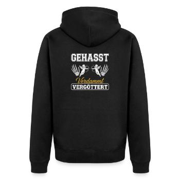 Gehasst, verdammt, vergöttert - Unisex Premium Bio Zip Hoodie - Schwarz - Hinten - Nico (187cm)