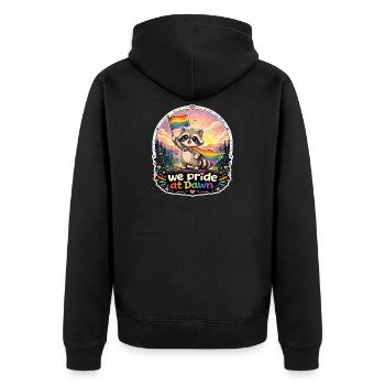 Raccoon Pride Morgendämmerung - Unisex Premium Bio Zip Hoodie - Schwarz - Hinten - Nico (187cm)