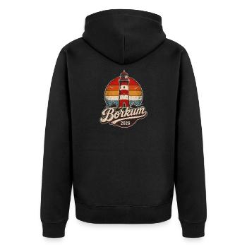 Leuchtturm Borkum 2026 Retro - Unisex Premium Bio Zip Hoodie - Schwarz - Hinten - Nico (187cm)