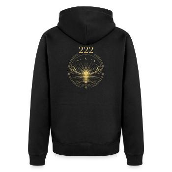 222 Sonnenaufgangsharmonie - Unisex Premium Bio Zip Hoodie - Schwarz - Hinten - Nico (187cm)