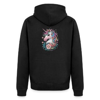Magisches Einhorn mit Blumen und Regenbogenmähne - Unisex Premium Bio Zip Hoodie - Schwarz - Hinten - Nico (187cm)