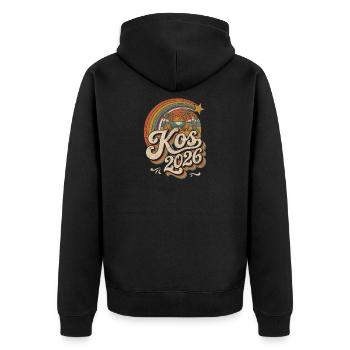 KOS 2026 Retro Strand Regenbogen - Unisex Premium Bio Zip Hoodie - Schwarz - Hinten - Nico (187cm)