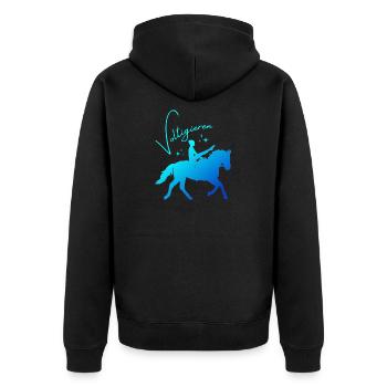 Voltigieren Mühle – Sport Outfit für Voltigierer - Unisex Premium Bio Zip Hoodie - Schwarz - Hinten - Nico (187cm)