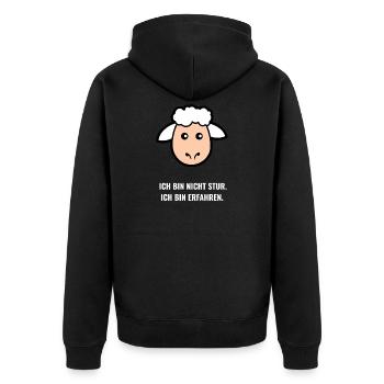 Ich bin nicht stur – erfahren - Unisex Premium Bio Zip Hoodie - Schwarz - Hinten - Nico (187cm)