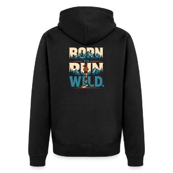 Trailrunning – Geboren, um wild zu laufen - Unisex Premium Bio Zip Hoodie - Schwarz - Hinten - Nico (187cm)