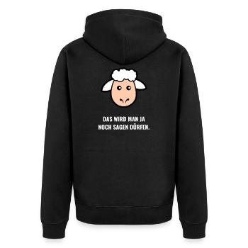 Schaf Meme NochSagenDürfen - Unisex Premium Bio Zip Hoodie - Schwarz - Hinten - Nico (187cm)