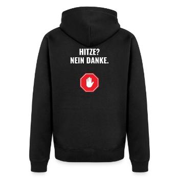Hitze? Nein danke. - Unisex Premium Bio Zip Hoodie - Schwarz - Hinten - Nico (187cm)