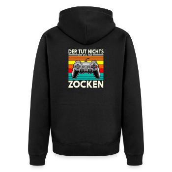 Der tut nichts, der will nur ZOCKEN - Unisex Premium Bio Zip Hoodie - Schwarz - Hinten - Nico (187cm)