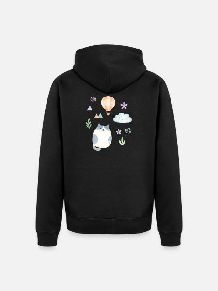 Chat aquarelle mignon et montgolfière - Veste à capuche bio Premium Unisexe - noir
