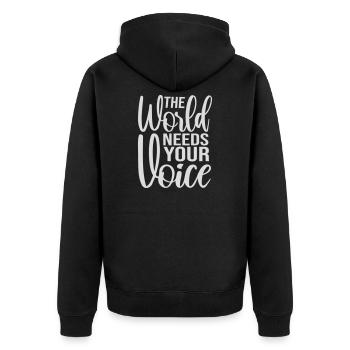 Die Welt Braucht Deine Stimme Inspirierend Zitat - Unisex Premium Bio Zip Hoodie - Schwarz - Hinten - Nico (187cm)