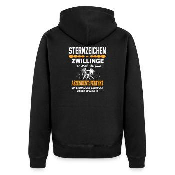 Sternzeichen Zwillinge – Aszendent Perfekt - Unisex Premium Bio Zip Hoodie - Schwarz - Hinten - Nico (187cm)