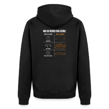 Was ich meiner Frau erzähle Lustiges Angler Motiv - Unisex Premium Bio Zip Hoodie - Schwarz - Hinten - Nico (187cm)