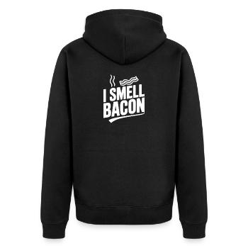 Ich rieche Speck - Unisex Premium Bio Zip Hoodie - Schwarz - Hinten - Nico (187cm)