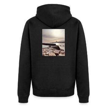 Coucher de soleil sur la jetée et les rochers - Veste à capuche bio Premium Unisexe - noir - Dos - Nico (187cm)