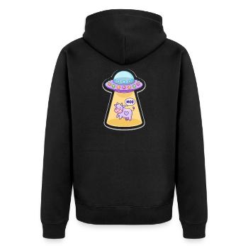 MOO Lustige Alien Kuh im UFO Lichtstrahl Cartoon - Unisex Premium Bio Zip Hoodie - Schwarz - Hinten - Nico (187cm)