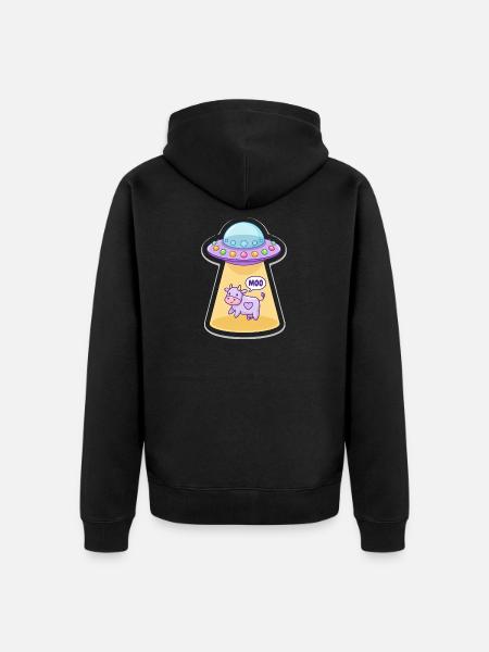 MOO Sjov Alien Ko i UFO Light Beam tegnefilm - Premium økologisk unisex-hættejakke - sort