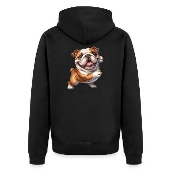 Fröhliches Bulldoggenmotiv - Unisex Premium Bio Zip Hoodie - Schwarz - Hinten - Nico (187cm)