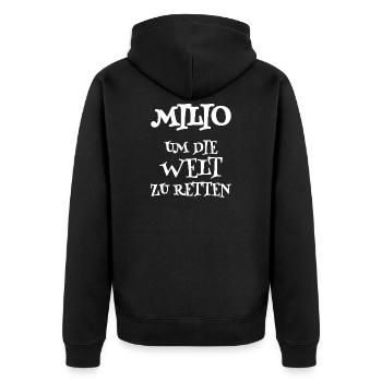 Spruch Milio - Unisex Premium Bio Zip Hoodie - Schwarz - Hinten - Nico (187cm)