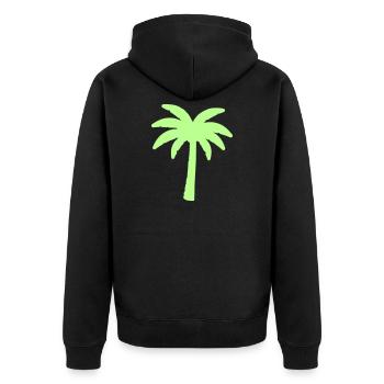 Neonpalme Silhouette auf Schwarz - Unisex Premium Bio Zip Hoodie - Schwarz - Hinten - Nico (187cm)