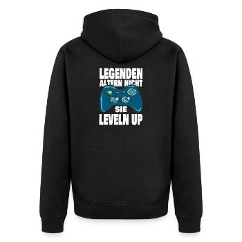 Legenden Leveln Up - Unisex Premium Bio Zip Hoodie - Schwarz - Hinten - Nico (187cm)