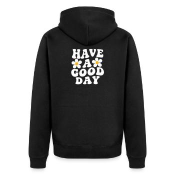 Schönen Tag noch, Gänseblümchen-Motiv - Unisex Premium Bio Zip Hoodie - Schwarz - Hinten - Nico (187cm)