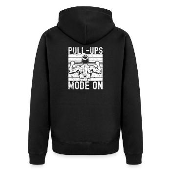 Gym Junkies Pull-Ups Mode On Calisthenics Fitness - Unisex Premium Bio Zip Hoodie - Schwarz - Hinten - Nico (187cm)