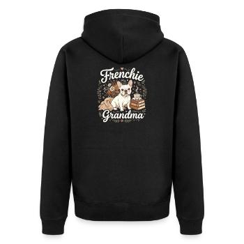 Frenchie Grandma Florale Wärme - Unisex Premium Bio Zip Hoodie - Schwarz - Hinten - Nico (187cm)