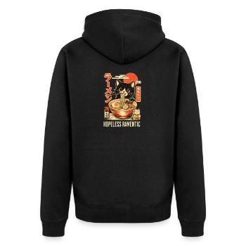 Hopless Ramentic - schwarze Katze isst Ramen - Unisex Premium Bio Zip Hoodie - Schwarz - Hinten - Nico (187cm)