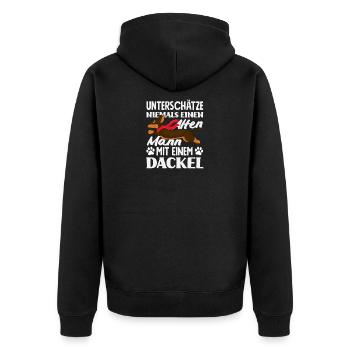 Alter Mann Mit Einem Dackel - Unisex Premium Bio Zip Hoodie - Schwarz - Hinten - Nico (187cm)