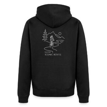 cyclist woman mountains Take the Scenic Route - Unisex Premium Bio Zip Hoodie - Schwarz - Hinten - Nico (187cm)