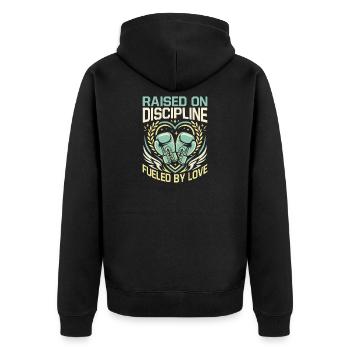 Raised On Discipline Gloves Boxing Gloves - Unisex Premium Bio Zip Hoodie - Schwarz - Hinten - Nico (187cm)