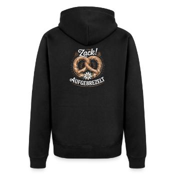 Zack aufgebrezelt Brezel Edelweiß Trachtenshirt - Unisex Premium Bio Zip Hoodie - Schwarz - Hinten - Nico (187cm)