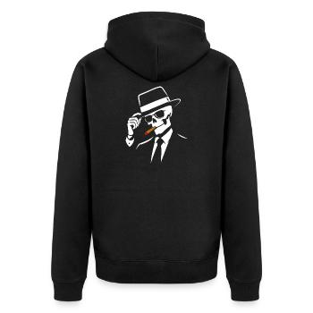 Noir-Skelett mit Fedora und Zigarre - Unisex Premium Bio Zip Hoodie - Schwarz - Hinten - Nico (187cm)