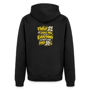 Final 21 Graffiti Spruch – Seit 16 Alles Geleistet - Unisex Premium Bio Zip Hoodie - Schwarz - Hinten - Nico (187cm)