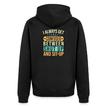 Fitness Fanatics Confused Shut-Up & Sit-Up - Unisex Premium Bio Zip Hoodie - Schwarz - Hinten - Nico (187cm)