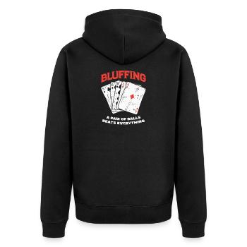 Bluffing Kartenmotif mit Pokerheld - Unisex Premium Bio Zip Hoodie - Schwarz - Hinten - Nico (187cm)