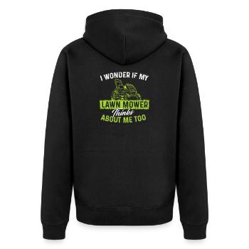 Ich frage mich, ob mein Rasenmäher auch an mich denkt - Unisex Premium Bio Zip Hoodie - Schwarz - Hinten - Nico (187cm)