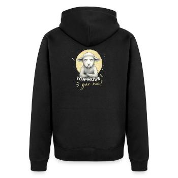 Ich muss – gar nix! Lustiges Schaf Motiv - Unisex Premium Bio Zip Hoodie - Schwarz - Hinten - Nico (187cm)