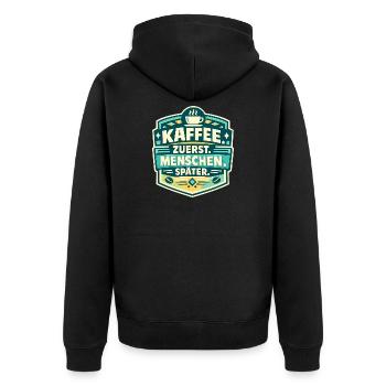 Kaffee zuerst, Menschen später - Unisex Premium Bio Zip Hoodie - Schwarz - Hinten - Nico (187cm)