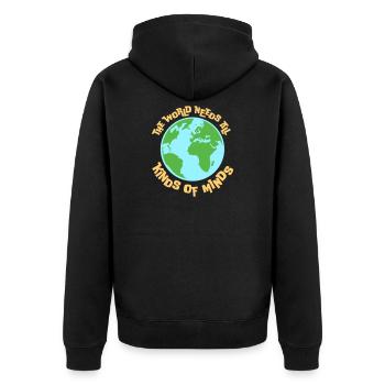 The World Needs All Kinds Of Minds Inspirierend - Unisex Premium Bio Zip Hoodie - Schwarz - Hinten - Nico (187cm)