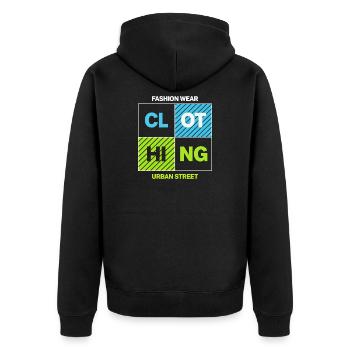 Neon-Quadrate Urban Street Collage - Unisex Premium Bio Zip Hoodie - Schwarz - Hinten - Nico (187cm)