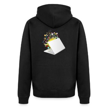 Ein halb geöffneter Laptop mit vielen Symbolen - Unisex Premium Bio Zip Hoodie - Schwarz - Hinten - Nico (187cm)